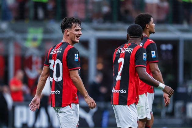 Ardon Jashari of AC Milan celebrates with his teammates after scoring a goal during Serie A 2026 27 football match between AC Milan and Venezia FC Italy Copyright: xBEAUTIFULxSPORTS Carabellix