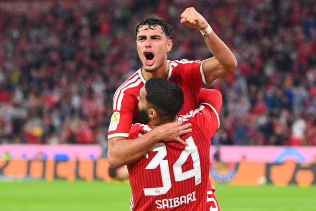 Torjubel Aleksandar PAVLOVIC (Bayern Muenchen) mit Ismael SAIBARI (Bayern Muenchen), Jubel,Freude,Begeisterung,, Aktion, Fussball 1. Bundesliga Saison 2026 2027, 1.Spieltag, Spieltag01, FC Bayern Muenchen - VfB Stuttgart 5-1 am 28.08.2026 , A L L I A N Z A R E N A. *** Goal celebration: Aleksandar PAVLOVIC (Bayern Munich) with Ismael SAIBARI (Bayern Munich), celebration, joy, excitement, action, soccer, Bundesliga Season 2026–2027, Matchday 1, Matchday 01, FC Bayern Munich vs. VfB Stuttgart 5–1 on August 28, 2026, Allianz Arena