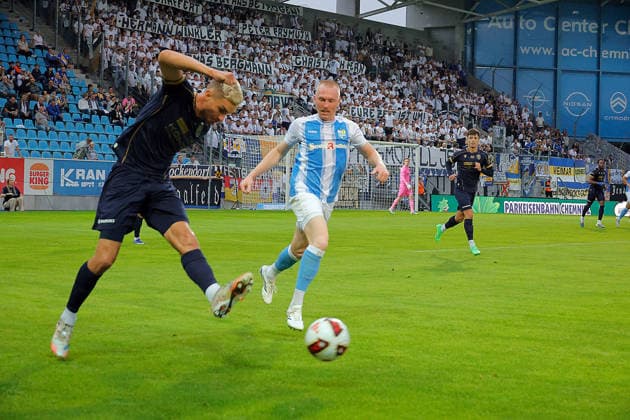 CFC vs FC Carl Zeiss Jena 28.08.2026 Chemnitz, eins Stadion- An der Gellertstrasse, Fussball, Regionalliga Nordost 2026 2027, 7. Spieltag, CFC, CFC vs FC Carl Zeiss Jena vl: Sören Reddemann und Ron Berlinski Chemnitz Sachsen BRD