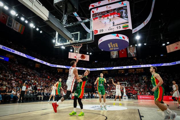 Turkiye vs Lithuania Fiba Basketball 2027 World Cup European Qualifiers Yigitcan Saybir of Turkiye grabs the rebound during the Fiba Basketball 2027 World Cup European Qualifiers Group J match between Turkiye and Lithuania at Turkcell Basketball Gelistirme Merkezi on August 28, 2026 in Istanbul, Turkey Istanbul Istanbul Turkey Copyright: xBurakxBasturkx