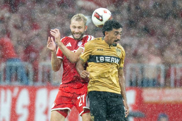Konrad Laimer 27 (FC Bayern Muenchen) im Zweikampf, FC Bayern Muenchen - VfB Stuttgart, Fussball Bundesliga, 1. Spieltag, 28.08.2026 DFB regulations prohibit any use of photographs as image sequences and or quasi-video Muenchen Bayern Deutschland *** Konrad Laimer, 27, FC Bayern Munich in a tackle; FC Bayern Munich vs. VfB Stuttgart; Bundesliga; Matchday 1; August 28, 2026. DFB regulations prohibit any use of photographs as image sequences and or quasi-video. Munich, Bayern, Germany Copyright: xkolbert-press UlrichxGamelx