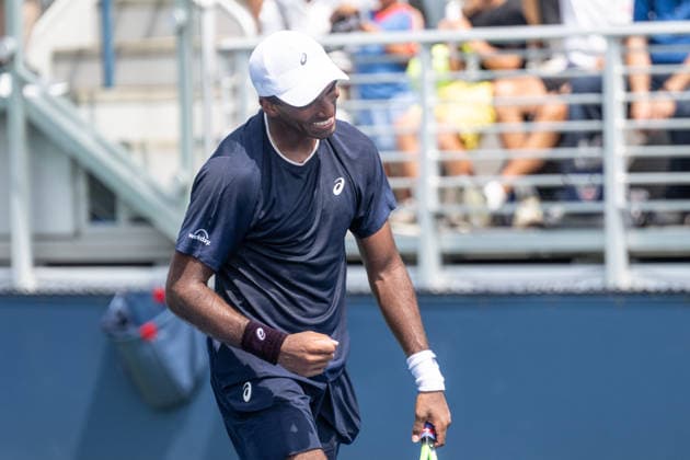 US Open qualifying final round NEW YORK, USA - AUGUST 28: Nishesh Basavareddy celebrates victory after a men s qualifying singles match final round of the 2026 US Open Championship at USTA Billie Jean King National Tennis Center on August 28, 2026 in Flushing, NY. Nishesh Basavareddy won in straight sets and progressed to play in main draw of tournament. Lev Radin Anadolu New York United States. Editorial use only. Please get in touch for any other usage.  Copyright: x2026xAnadoluxLevxRadinx