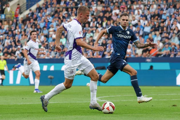 28.08.2026, xgrfx, Fussball 2.Bundesliga, VfL Bochum - VfL Osnabrück v.l. Adrian Beck (VfL Osnabrück), Michael Steinwender (VfL Bochum) (DFL DFB REGULATIONS PROHIBIT ANY USE OF PHOTOGRAPHS as IMAGE SEQUENCES and or QUASI-VIDEO) Bochum *** August 28, 2026, xgrfx, Soccer 2. Bundesliga, VfL Bochum vs. VfL Osnabrück, Adrian Beck (VfL Osnabrück), Michael Steinwender (VfL Bochum). DFL and DFB regulations prohibit any use of photographs as image sequences and or quasi-video. Bochum