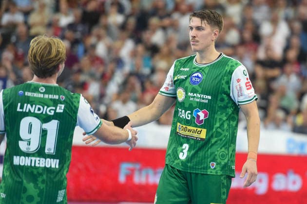 Handball I Herren I Saison 2026-2027 I Bundesliga I 1. Spieltag I SG Flensburg-Handewitt - ThSV Eisenach I 28.08.2026 von links Felix Montebovi (91, ThSV Eisenach), Oskar Joelsson (3, ThSV Eisenach) Copyright: xLobeca JanxKirschnerx