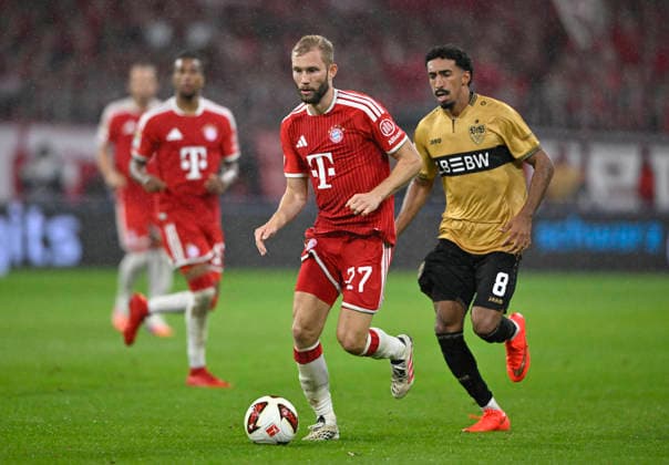 Konrad Laimer FC Bayern Muenchen FCB (27) Aktion am Ball Tiago Tomas VfB Stuttgart (08) FC Bayern Muenchen FCB vs VfB Stuttgart 28.08.2026 DFL REGULATIONS PROHIBIT ANY USE OF PHOTOGRAPHS AS IMAGE SEQUENCES AND OR QUASI-VIDEO FC Bayern Muenchen FCB vs VfB Stuttgart *** Konrad Laimer, FC Bayern Munich (FCB), 27, in action with the ball; Tiago Tomas, VfB Stuttgart 08; FC Bayern Munich (FCB) vs. VfB Stuttgart, August 28, 2026. DFL regulations prohibit any use of photographs as image sequences AND OR QUASI-VIDEO FC Bayern Munich FCB vs. VfB Stuttgart