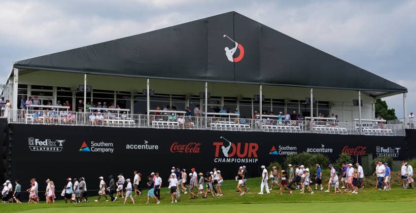 August 28, 2026, Atlanta, Georgia, USA: View of advertisements on a structure seen near the 9th tee during the second round of the 2026 TOUR Championship at East Lake Golf Club. PGA, Golf Herren 2026: TOUR Championship - Round 2  - ZUMAw109 20260828_fap_w109_035 Copyright: xDebbyxWongx