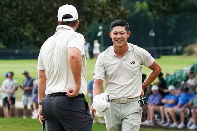 August 28, 2026, Atlanta, Georgia, USA: Collin Morikawa (USA)(R) and Chris Gotterup (USA) share a laugh on the 18th green after the second round of the 2026 TOUR Championship at East Lake Golf Club. Atlanta USA - ZUMAw109 20260828_fap_w109_061 Copyright: xDebbyxWongx