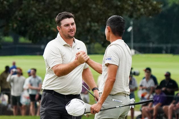 August 28, 2026, Atlanta, Georgia, USA: Collin Morikawa (USA)(R) and Chris Gotterup (USA) shake hands on the 18th green after the second round of the 2026 TOUR Championship at East Lake Golf Club. Atlanta USA - ZUMAw109 20260828_fap_w109_065 Copyright: xDebbyxWongx