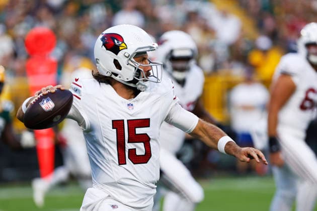 GREEN BAY, WI - AUGUST 28: Arizona Cardinals quarterback Gardner Minshew (15) drops to pass during a preseason game between the Green Bay Packers and the Arizona Cardinals on August 28, 2026 at Lambeau Field, in Green Bay, WI. (Photo by Larry Radloff Icon Sportswire) NFL, American Football Herren, USA AUG 28 Cardinals at Packers EDITORIAL USE ONLY Icon202608280771