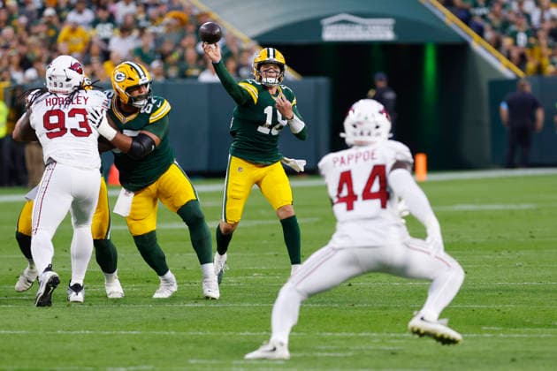 GREEN BAY, WI - AUGUST 28: Green Bay Packers quarterback Kyle McCord (18) throws a pass during a preseason game between the Green Bay Packers and the Arizona Cardinals on August 28, 2026 at Lambeau Field, in Green Bay, WI. (Photo by Larry Radloff Icon Sportswire) NFL, American Football Herren, USA AUG 28 Cardinals at Packers EDITORIAL USE ONLY Icon202608281270
