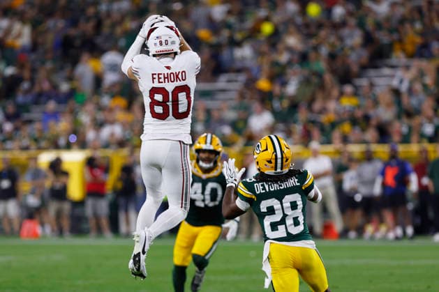 GREEN BAY, WI - AUGUST 28: Arizona Cardinals wide receiver Simi Fehoko (80) catches a pass during a preseason game between the Green Bay Packers and the Arizona Cardinals on August 28, 2026 at Lambeau Field, in Green Bay, WI. (Photo by Larry Radloff Icon Sportswire) NFL, American Football Herren, USA AUG 28 Cardinals at Packers EDITORIAL USE ONLY Icon202608284798