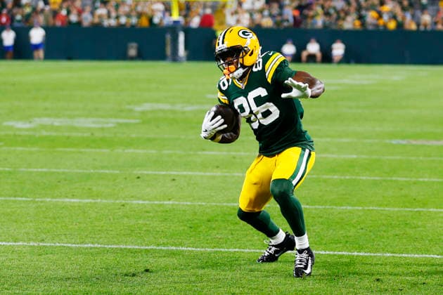 GREEN BAY, WI - AUGUST 28: Green Bay Packers wide receiver Kisean Johnson (86) scores the game winning touchdown during a preseason game between the Green Bay Packers and the Arizona Cardinals on August 28, 2026 at Lambeau Field, in Green Bay, WI. (Photo by Larry Radloff Icon Sportswire) NFL, American Football Herren, USA AUG 28 Cardinals at Packers EDITORIAL USE ONLY Icon202608285949