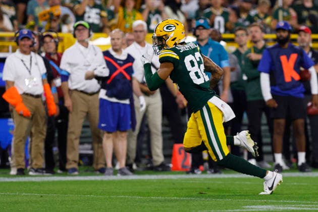 GREEN BAY, WI - AUGUST 28: Green Bay Packers wide receiver Will Sheppard (82) runs to the end zone during a preseason game between the Green Bay Packers and the Arizona Cardinals on August 28, 2026 at Lambeau Field, in Green Bay, WI. (Photo by Larry Radloff Icon Sportswire) NFL, American Football Herren, USA AUG 28 Cardinals at Packers EDITORIAL USE ONLY Icon202608282612