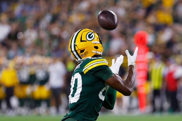 GREEN BAY, WI - AUGUST 28: Green Bay Packers wide receiver Isaiah Neyor (80) waits for a ball during a preseason game between the Green Bay Packers and the Arizona Cardinals on August 28, 2026 at Lambeau Field, in Green Bay, WI. (Photo by Larry Radloff Icon Sportswire) NFL, American Football Herren, USA AUG 28 Cardinals at Packers EDITORIAL USE ONLY Icon202608284046