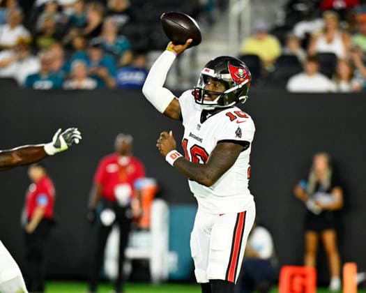 Tampa Bay Quarterback Jalon Daniels throws a pass in the first quarter against the Jaguars at EverBank Stadium in Jacksonville, Florida on Friday August 28, 2026. The Jaguars defeated the Bucs 19-0.  JAX20260828003 JOExMARINO