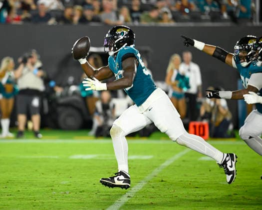 Jaguars Defensive End Wesley Williams celebrates his recovering a fumble as the Jaguars compete against the Buccaneers in the third pre-season game at EverBank Stadium in Jacksonville, Florida on Friday August 28, 2026. The Jaguars defeated the Buccaneers 19-0.  JAX20260828014 JOExMARINO
