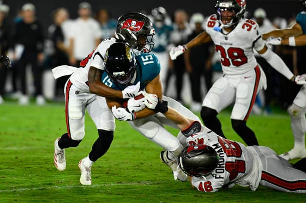 Jacksonville Wide Receiver Chandler Brayboy is tackled after making a reception the Jaguars compete against the Buccaneers at EverBank Stadium in Jacksonville, Florida on Friday August 28, 2026. The Jaguars defeated the Buccaneers 19-0.  JAX20260828017 JOExMARINO