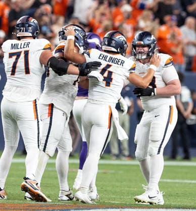 August 28, 2026, Denver, Colorado, USA: Broncos QB SAM EHLINGER celebrates with team mates after throwing an 80 year TD pass during the 2nd. Half at Empower Field at Mile High Friday evening. Broncos beat the Vikings 34-6 in Pre-Season play. Credit Image: ZUMA Press Wire) Denver USA - ZUMAav4_ 20260828_zaf_av4_003 Copyright: xHectorxAcevedox