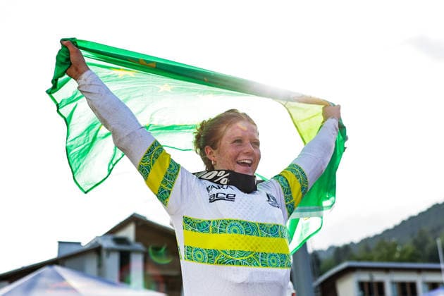 2026 UCI Mountain Bike World Championships Picture by Alex Whitehead SWpix.com - 29 08 2026 - Cycling - 2026 UCI Mountain Bike World Championships - Val di Sole, Trentino, Italy - Downhill (DHI) Final - Women Junior - Tilly Boadle (Australia) celebrates winning to become World Champion Copyright: x xSWpix.comx(t axPhotographyxHubxLtd)xAlexxWhitehead SWpix.comx SWP-3030-20867
