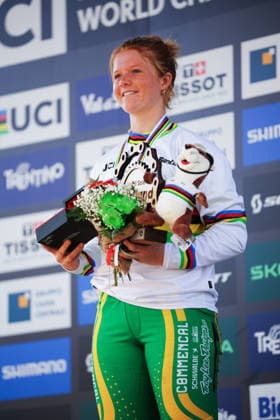 2026 UCI Mountain Bike World Championships Picture by Ed Sykes SWpix.com - 29 08 2026 - Cycling - 2026 UCI Mountain Bike World Championships - Val di Sole, Trentino, Italy - Downhill (DHI) Final - Women Junior Podium - Tilly Boadle (Australia) wins the Gold Medal to become World Champion Copyright: x xSWpix.comx(t axPhotographyxHubxLtd)xEdxSykes SWpix.comx SWP-3030-20963