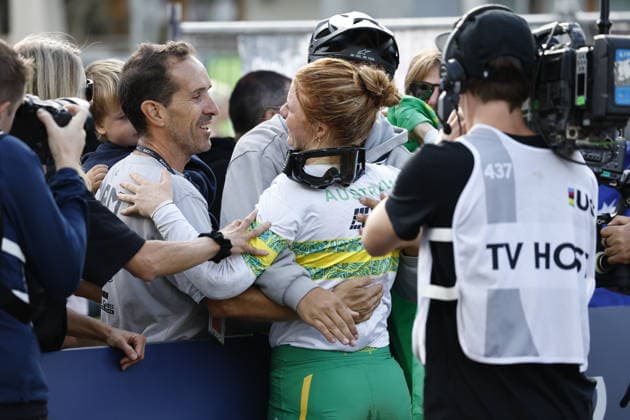 29.08.2026, Daolasa di Commezzadura, Black Snake, 2026 UCI MTB World Championship, WM, Weltmeisterschaft Women Junior s Finals DHI (downhill) Tilly Boadle 20 (AUS) celebrating her victory Daolasa di Commezzadura Black Snake Trento Italy Copyright: xJustPictures.ch FrancescoxMinghettix jp-en-FrMi-_NG_0467