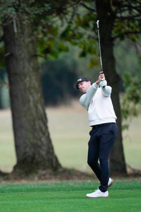 SUTTON COLDFIELD, ENGLAND - AUG 29: Joel Girrbach (SUI) plays from the second fairway during delayed play in Round 2 at the 2026 Husqvarna British Masters at The Belfry, Sutton Coalfield on August 29, 2026 in Warwickshire, England The 2026 Husqvarna British Masters