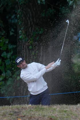 SUTTON COLDFIELD, ENGLAND - AUG 29: Joel Girrbach (SUI) plays from a bunker on the fourth fairway during delayed play in Round 2 at the 2026 Husqvarna British Masters at The Belfry, Sutton Coalfield on August 29, 2026 in Warwickshire, England The 2026 Husqvarna British Masters