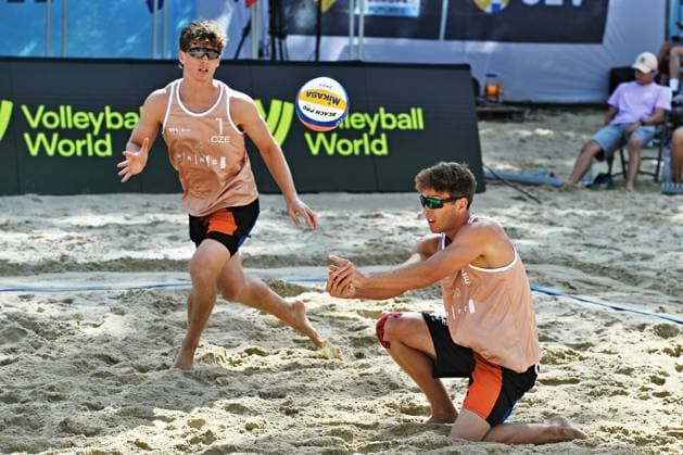 From left, David Vyoral and Simon Tuma from Czech Republic during the World Beach volleyball, Beachvolleyball Pro Tour, category Futures, on August 29, 2026, in Brno, Czech Republic. (CTKxPhoto PatrikxUhlir) CTKPhotoP2026082903094  CTKPhotoP2026082903094
