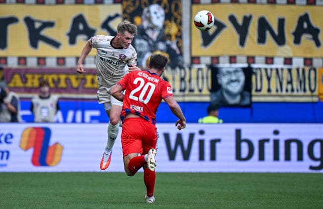 29.08.2026, xemx, Fussball 2.Bundesliga, 1.FC Heidenheim - Dynamo Dresden v.l. Jonas Sterner (Dynamo Dresden), Luca Kerber (1.FC Heidenheim) Zweikampf, Aktion, action, battle for the ball (DFL DFB REGULATIONS PROHIBIT ANY USE OF PHOTOGRAPHS as IMAGE SEQUENCES and or QUASI-VIDEO) Heidenheim *** August 29, 2026, xemx, Soccer 2. Bundesliga, 1. FC Heidenheim vs. Dynamo Dresden, l Jonas Sterner, Dynamo Dresden, Luca Kerber, 1 FC Heidenheim, tackle, action, battle for the ball. DFL and DFB regulations prohibit any use of photographs as image sequences and or quasi-video. Heidenheim