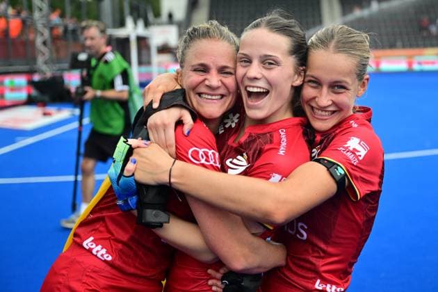 Belgium s Alix Gerniers; Belgium s Famke van Heel and Belgium s Lisa Moors celebrate after winning a Field hockey, Feldhockey game between Belgian national team, Nationalteam Red Panthers and AustraliÃ«, at the women s 2026 Hockey World Cup, on Saturday 29 August 2026 in Amsterdam. The 2026 edition of the Hockey World Cup takes place in Belgium and The Netherlands from August 15 to August 30. DIRKxWAEM  x184644058x