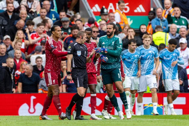Football - FA Premier League - Liverpool FC v Nottingham Forest FC LIVERPOOL, ENGLAND - Saturday, August 29, 2026: Liverpool s goalkeeper Alisson Becker (R) protests as referee Samuel Barrett awards Nottingham Forest a penalty during the FA Premier League match between Liverpool FC and Nottingham Forest FC at Anfield. (Photo by David Rawcliffe Propaganda) LIVERPOOL Anfield MERSEYSIDE ENGLAND  Copyright: xDavidxRawcliffex P2026-08-29-Liverpool_Nottingham_Forest-97