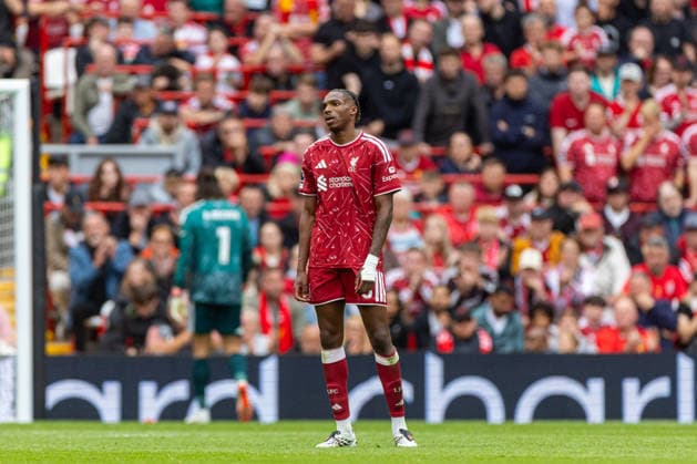 Football - FA Premier League - Liverpool FC v Nottingham Forest FC LIVERPOOL, ENGLAND - Saturday, August 29, 2026: Liverpool s Jeremy Jacquet reacts to his side conceding the second goal during the FA Premier League match between Liverpool FC and Nottingham Forest FC at Anfield. (Photo by David Rawcliffe Propaganda) LIVERPOOL Anfield MERSEYSIDE ENGLAND  Copyright: xDavidxRawcliffex P2026-08-29-Liverpool_Nottingham_Forest-100