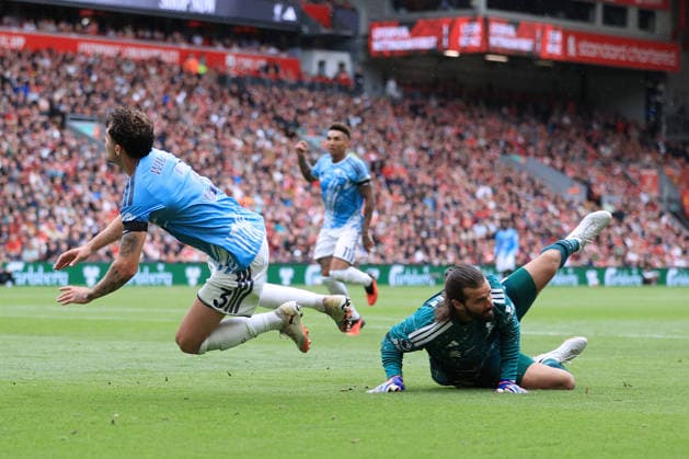 Football - Premier League - Liverpool v Nottingham Forest 29th August 2026 - Premier League - Liverpool v Nottingham Forest - Liverpool goalkeeper Alisson Becker fouls Neco Williams of Nottingham Forest to concede a penalty - Photo: Simon Stacpoole Offside. Liverpool UK Copyright: xSimonxStacpoolexOffside