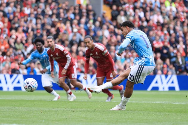 Football - Premier League - Liverpool v Nottingham Forest 29th August 2026 - Premier League - Liverpool v Nottingham Forest - Morgan Gibbs-White of Nottingham Forest scores their 2nd goal with a penalty - Photo: Simon Stacpoole Offside. Liverpool UK Copyright: xSimonxStacpoolexOffside