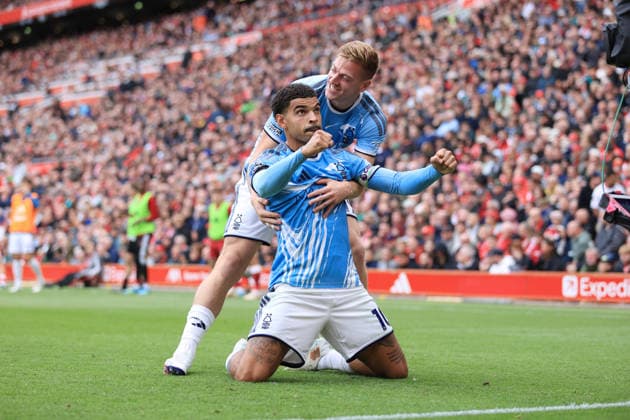 Football - Premier League - Liverpool v Nottingham Forest 29th August 2026 - Premier League - Liverpool v Nottingham Forest - Morgan Gibbs-White of Nottingham Forest celebrates with Liam Delap of Nottingham Forest after scoring their 2nd goal - Photo: Simon Stacpoole Offside. Liverpool UK Copyright: xSimonxStacpoolexOffside