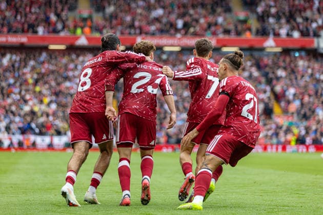 Football - FA Premier League - Liverpool FC v Nottingham Forest FC LIVERPOOL, ENGLAND - Saturday, August 29, 2026: Liverpool s Victor Munoz celebrates on his debut with team-mates Dominik Szoboszlai, Florian Wirtz and Kostas Tsimikas after scoring his side s second and equalising goal during the FA Premier League match between Liverpool FC and Nottingham Forest FC at Anfield. (Photo by David Rawcliffe Propaganda) LIVERPOOL Anfield MERSEYSIDE ENGLAND  Copyright: xDavidxRawcliffex P2026-08-29-Liverpool_Nottingham_Forest-109
