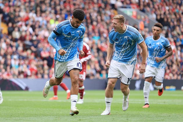 Football - Premier League - Liverpool v Nottingham Forest 29th August 2026 - Premier League - Liverpool v Nottingham Forest - Morgan Gibbs-White of Nottingham Forest (L) celebrates with Liam Delap of Nottingham Forest after scoring their 2nd goal - Photo: Simon Stacpoole Offside. Liverpool UK Copyright: xSimonxStacpoolexOffside