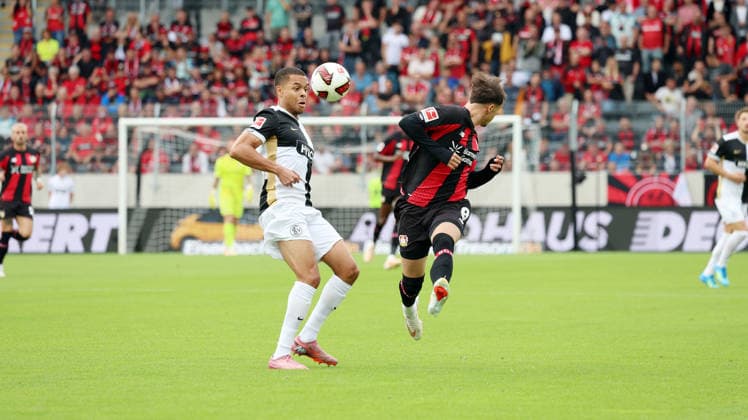 29.08.2026, xrekx, Fussball 1.Bundesliga, SV Elversberg - Bayer 04 Leverkusen v.l. Jan Gyamerah (SV 07 Elversberg) Afonso Moreira (Bayer 04 Leverkusen) (DFL DFB REGULATIONS PROHIBIT ANY USE OF PHOTOGRAPHS as IMAGE SEQUENCES and or QUASI-VIDEO) Elversberg *** August 29, 2026, xrekx, Soccer, Bundesliga 1, SV Elversberg vs. Bayer 04 Leverkusen: Jan Gyamerah (SV 07 Elversberg) and Afonso Moreira (Bayer 04 Leverkusen). DFL and DFB regulations prohibit any use of photographs as image sequences and or quasi-video. Elversberg