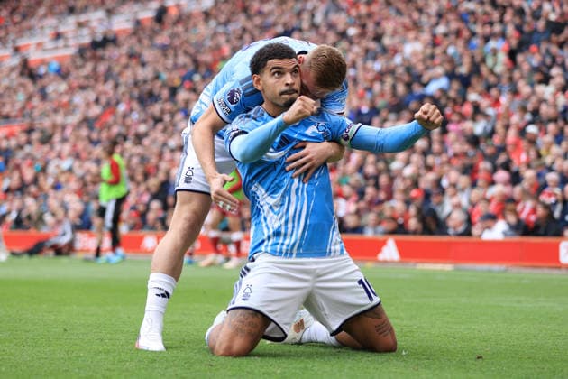 Football - Premier League - Liverpool v Nottingham Forest 29th August 2026 - Premier League - Liverpool v Nottingham Forest - Morgan Gibbs-White of Nottingham Forest celebrates with Liam Delap of Nottingham Forest after scoring their 2nd goal - Photo: Simon Stacpoole Offside. Liverpool UK Copyright: xSimonxStacpoolexOffside