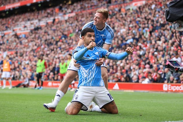 Football - Premier League - Liverpool v Nottingham Forest 29th August 2026 - Premier League - Liverpool v Nottingham Forest - Morgan Gibbs-White of Nottingham Forest celebrates with Liam Delap of Nottingham Forest after scoring their 2nd goal - Photo: Simon Stacpoole Offside. Liverpool UK Copyright: xSimonxStacpoolexOffside