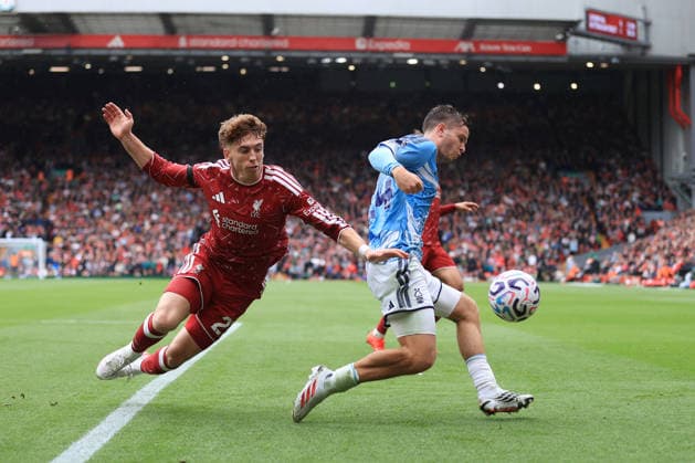 Football - Premier League - Liverpool v Nottingham Forest 29th August 2026 - Premier League - Liverpool v Nottingham Forest - James McAtee of Nottingham Forest battles with Victor Munoz of Liverpool - Photo: Simon Stacpoole Offside. Liverpool UK Copyright: xSimonxStacpoolexOffside