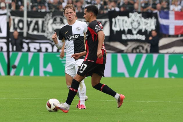 29.08.2026, Fussball, Herren, 1. Bundesliga, Saison 2026 2027, SV 07 Elversberg - Bayer 04 Leverkusen, Cole Campbell (SV 07 Elversberg), Lucas Vazquez (Bayer 04 Leverkusen) Elversberg Ursapharm-Arena an der Kaiserlinde Saarland Deutschland (DEU) *** August 29, 2026, Soccer, Men s, Bundesliga 1, 2026–2027 Season, SV 07 Elversberg vs. Bayer 04 Leverkusen, Cole Campbell (SV 07 Elversberg), Lucas Vazquez (Bayer 04 Leverkusen), Elversberg Ursapharm Arena an der Kaiserlinde, Saarland, Germany, DEU Copyright: xSebastianxBachx