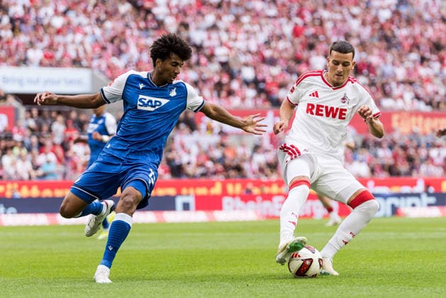 KOELN, GERMANY - AUGUST 29: Said El Mala (1. FC Koeln, 10) controls the ball against Bernardo (TSG 1899 Hoffenheim, 13) during the Bundesliga match between 1. FC Koeln vs. TSG 1899 Hoffenheim at Rheinenergie-Stadion on matchday 1 of the 1. Bundesliga on August 29, 2026 in Koeln, Germany. DFL REGULATIONS PROHIBIT ANY USE OF PHOTOGRAPHS AS IMAGE SEQUENCES AND OR QUASI-VIDEO. North Rhine Westphalia Germany Copyright: xSteffiexWunderlx