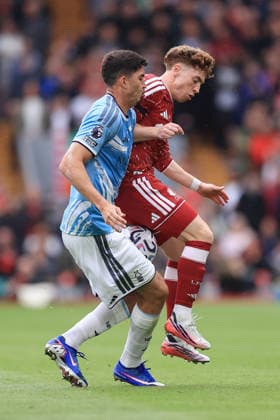 Football - Premier League - Liverpool v Nottingham Forest 29th August 2026 - Premier League - Liverpool v Nottingham Forest - Victor Munoz of Liverpool battles with Jair Cunha of Nottingham Forest - Photo: Simon Stacpoole Offside. Liverpool UK Copyright: xSimonxStacpoolexOffside