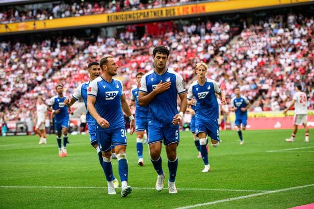 COLOGNE, GERMANY - 29 AUGUST, 2026: Goal, Ozan Kabak, Vladimir Coufal, Max Moerstedt - 1. FC Koeln v TSG 1899 Hoffenheim - Bundesliga at RheinEnergieStadion.  Copyright: xVitaliixKliuievx