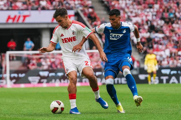 29.08.2026, xjmrgnx, Fussball 1.Bundesliga, 1.FC Koeln - TSG Hoffenheim v.l. Zweikampf zwischen Thijs Dallinga (27, Koeln) und Adam Daghim (14, Hoffenheim) (DFL DFB REGULATIONS PROHIBIT ANY USE OF PHOTOGRAPHS as IMAGE SEQUENCES and or QUASI-VIDEO) Koeln *** August 29, 2026, xjmrgnx, Soccer, Bundesliga 1, 1. FC Köln vs. TSG Hoffenheim: Tackle between Thijs Dallinga (27, Köln) and Adam Daghim (14, Hoffenheim). DFL and DFB regulations prohibit any use of photographs as image sequences and or quasi-video. Köln