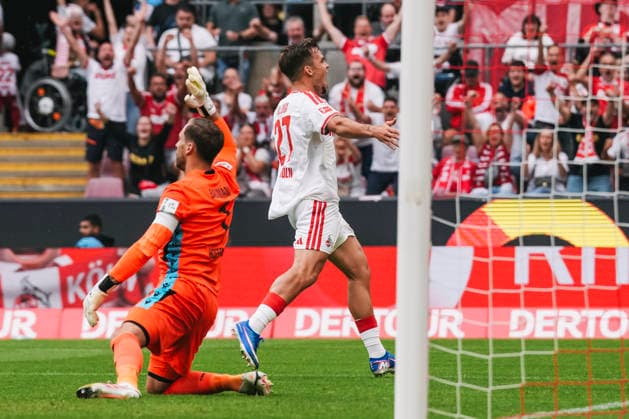 29.08.2026, xjmrgnx, Fussball 1.Bundesliga, 1.FC Koeln - TSG Hoffenheim v.l. Thijs Dallinga (27, Koeln) bejubelt seinen Treffer zum 2:2 (DFL DFB REGULATIONS PROHIBIT ANY USE OF PHOTOGRAPHS as IMAGE SEQUENCES and or QUASI-VIDEO) Koeln *** August 29, 2026, xjmrgnx, Soccer, Bundesliga 1, 1. FC Köln vs. TSG Hoffenheim, Thijs Dallinga 27; Köln celebrates his goal to make it 2–2. DFL DFB REGULATIONS PROHIBIT ANY USE OF PHOTOGRAPHS AS IMAGE SEQUENCES AND OR QUASI-VIDEO. Köln