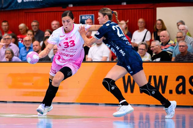 Neckarsulm: HBF - Sportunion Neckarsulm - HSG Bensheim Auerbach v. li. im Zweikampf Lucie-Marie Kretzschmar (Bensheim) und Sina Ehmann (Neckarsulm) Neckarsulm Ballei Baden-Württemberg Deutschland