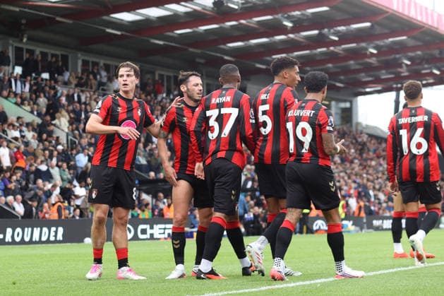Bournemouth v Everton 29 August 2026 _ Premier League Football - Bournemouth v Everton - Alex Scott of Bournemouth (far left) celebrates his goal with his colleagues - (Photo by Mark Leech). Bournemouth UK Copyright: xMarkxLeechxOffside