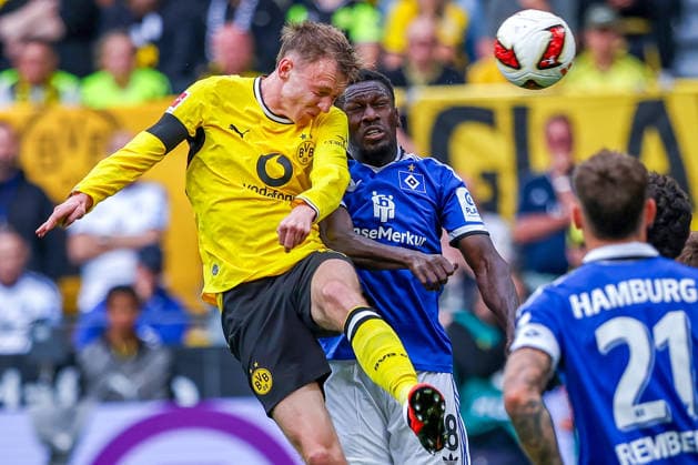 2026.08.29, xkwix, Fußball, Bundesliga, Borussia Dortmund - Hamburger SV, Signal Iduna Park, 1.Spieltag, Saison 2026 2027: Maximilian Beier (Borussia Dortmund 14) beim Kopfball im Zweikampf gegen Bakery Jatta (Hamburger SV 18) DFB regulations prohibit any use of photographs as image sequences and or quasi-video. Photo: xKamilxWilkowskixPressefotoKochx Nordrhein-Westfalen Deutschland *** August 29, 2026, xkwix, Soccer, Bundesliga, Borussia Dortmund vs. Hamburger SV, Signal Iduna Park, Matchday 1, 2026–2027 Season: Maximilian Beier of Borussia Dortmund (No. 14) heads the ball in a duel against Bakery Jatta of Hamburger SV (No. 18). DFB regulations prohibit any use of photographs as image sequences and or quasi-video. Photo: xKamilxWilkowskixPressefotoKochx, North Rhine-Westphalia, Germany